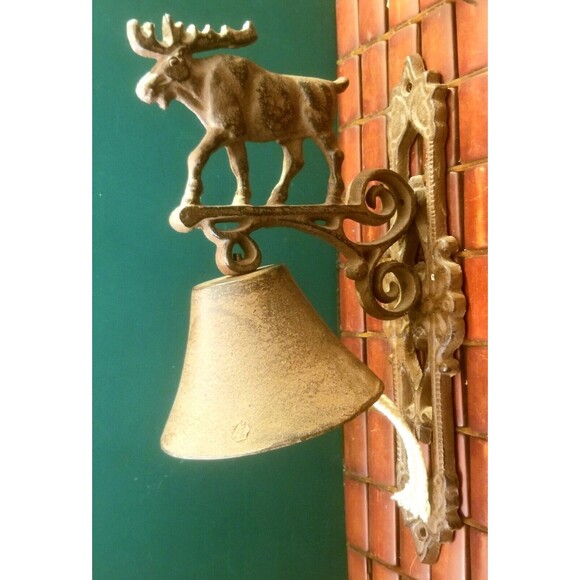 Vintage Cast Iron Moose Hanging Dinner Bell Wall Mounted 12"x6.5" 5" Diameter - Picture 2 of 7